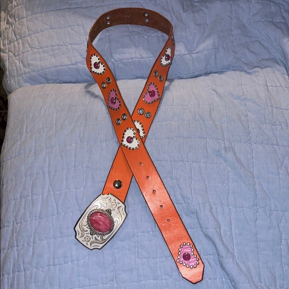 Retro Jeri Hart Design Pink Orange Leather Studded Jeweled Heart Western Belt - Picture 2 of 15